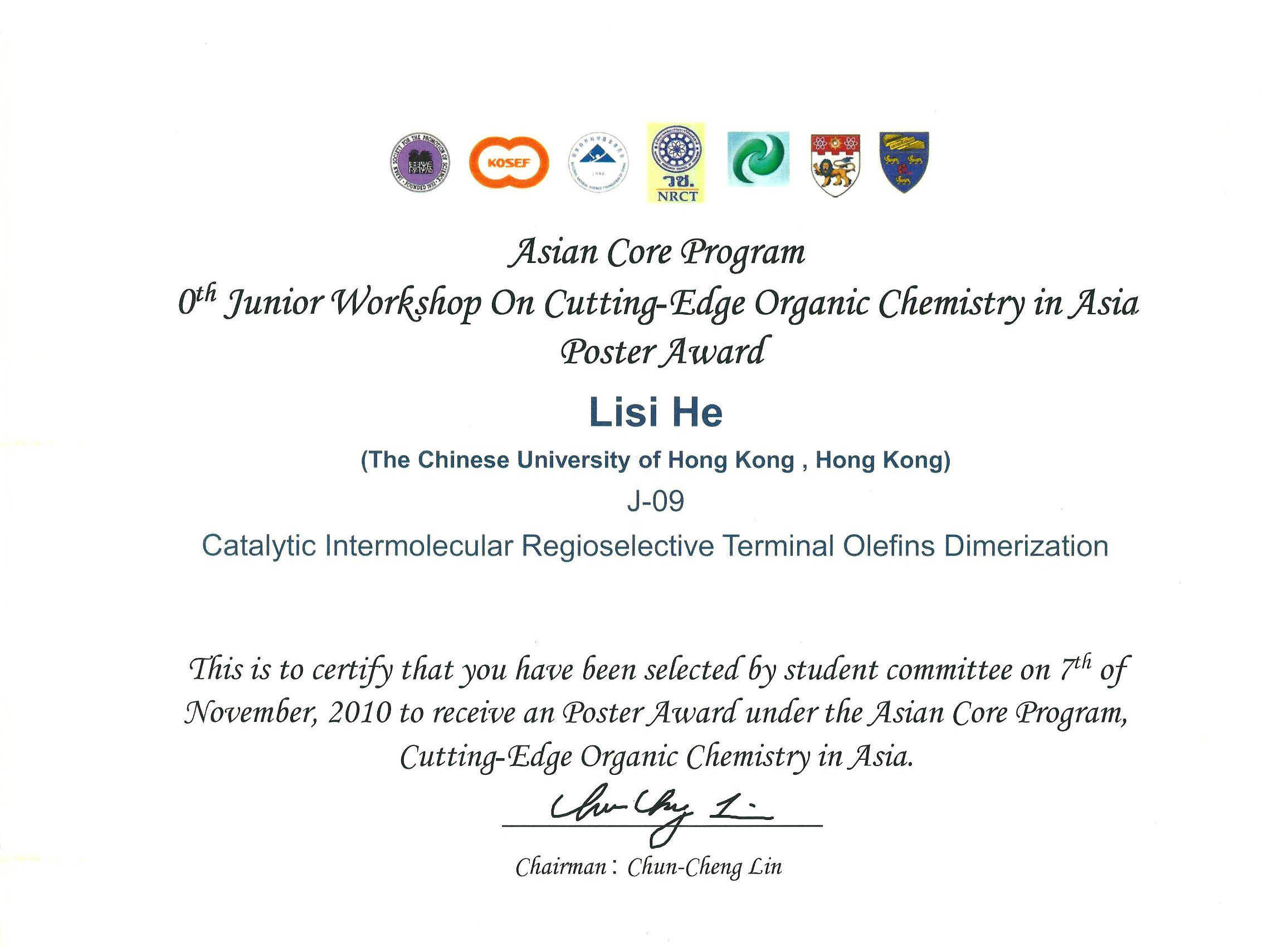 photo of the Poster Award at the Junior Workshop on Cutting-Edge Organic Chemistry in Asia
