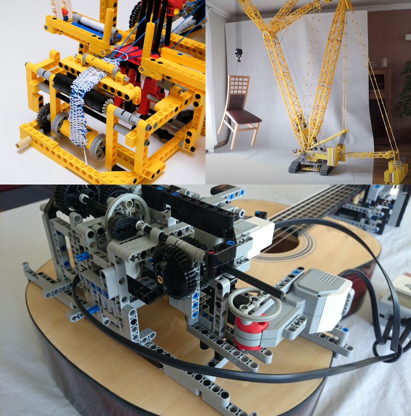 樂高Technic系列的用途非常廣泛,可用以建造機械織機(左上,來源︰N. Lespour)和起重機(右上,來源︰D. Szmandra),也可用以彈奏結他(下,來源︰TECHNICally Possible)