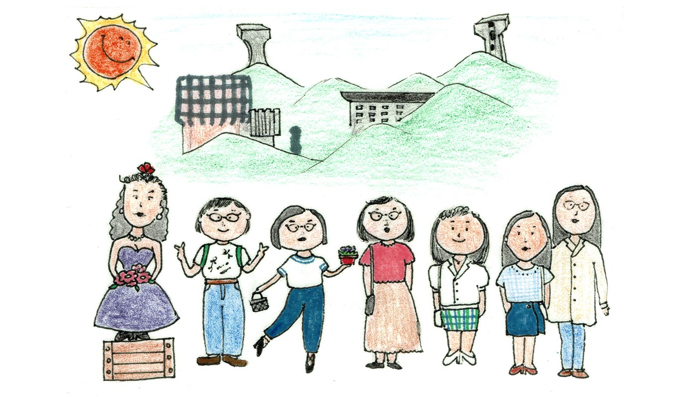 Crayon drawing by Bonnie’s former CUHK classmate, depicting Bonnie <em>(far left)</em> with her six friends on campus <em>(courtesy of the interviewee)</em>
