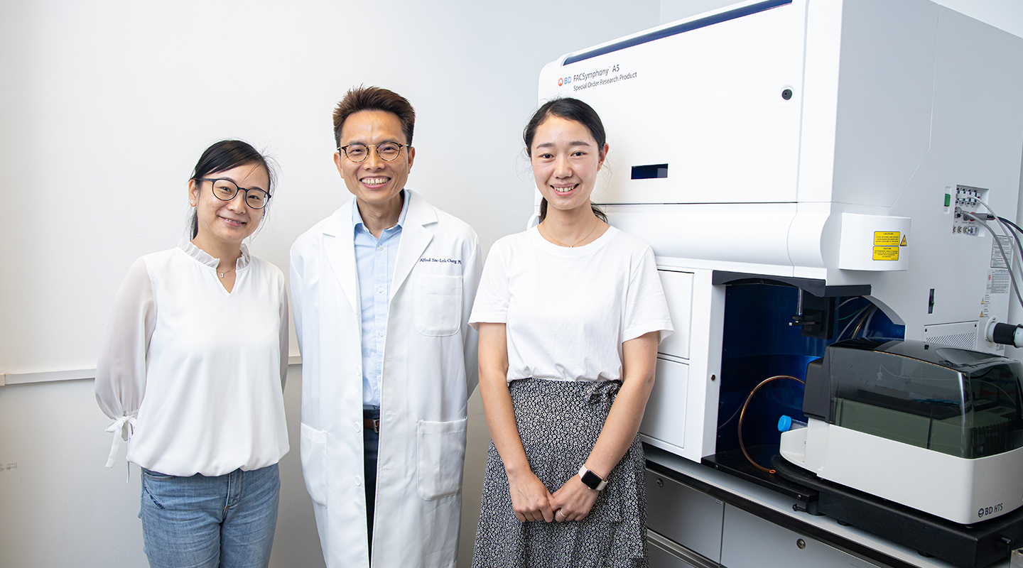 Prof. Alfred Cheng with his lab members Prof. Zhou Jingying <em>(left)</em> and Dr. Yang Weiqin <em>(right)</em>. The BD FACSymphony<sup>TM</sup> A5.2 machine behind them is the only one in Hong Kong and a state-of-the-art cell analyser that can unravel the complexity of tumour ecosystem
